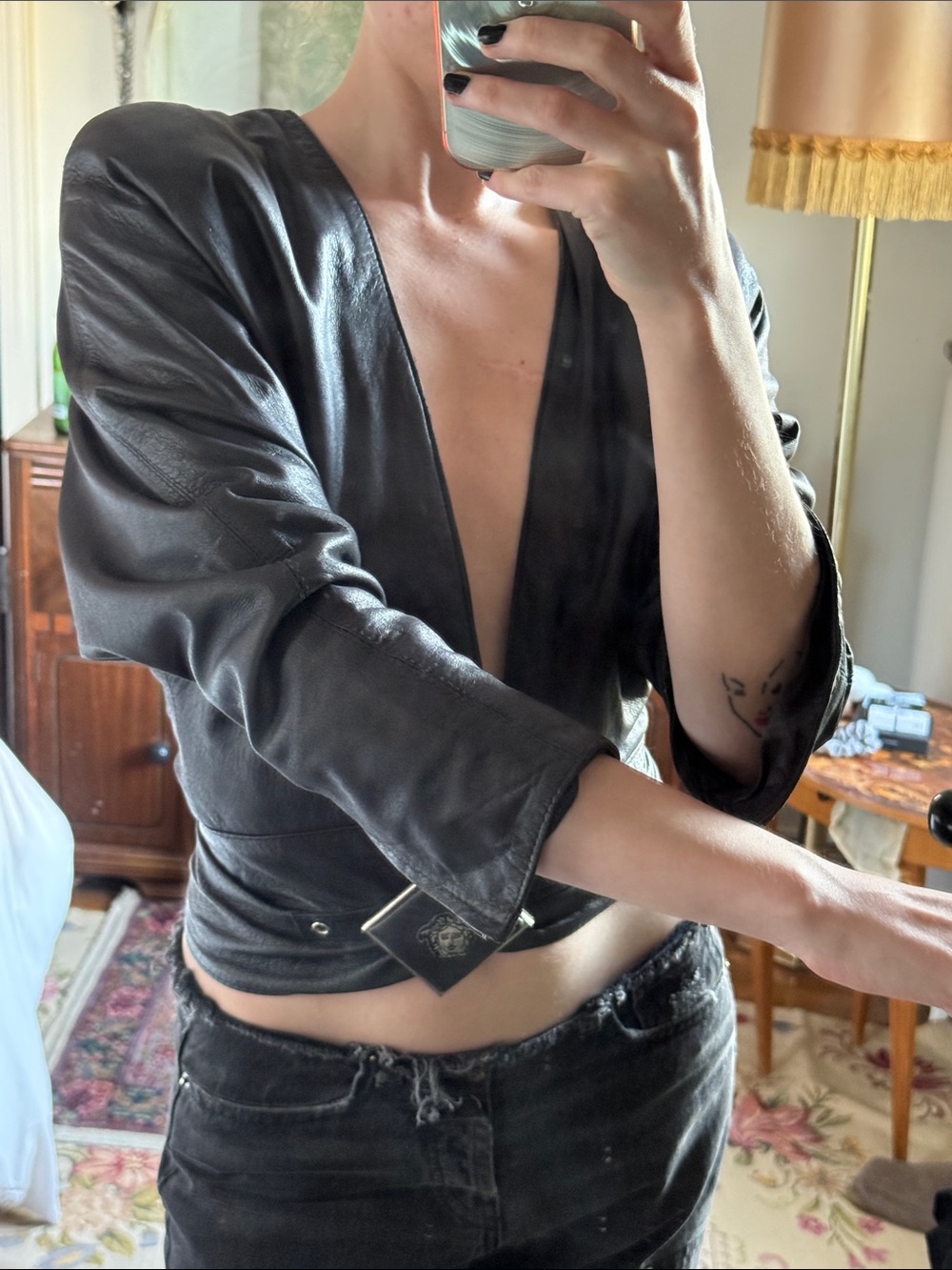 Versace Jeans Collection Black Leather Belted Jacket